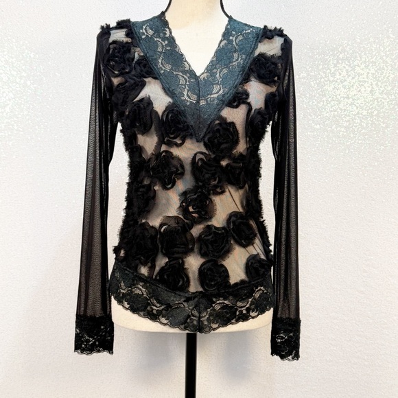 French Laundry by Neto Sheer Black Lace Top with 3D Floral Embellishments - Picture 13 of 16